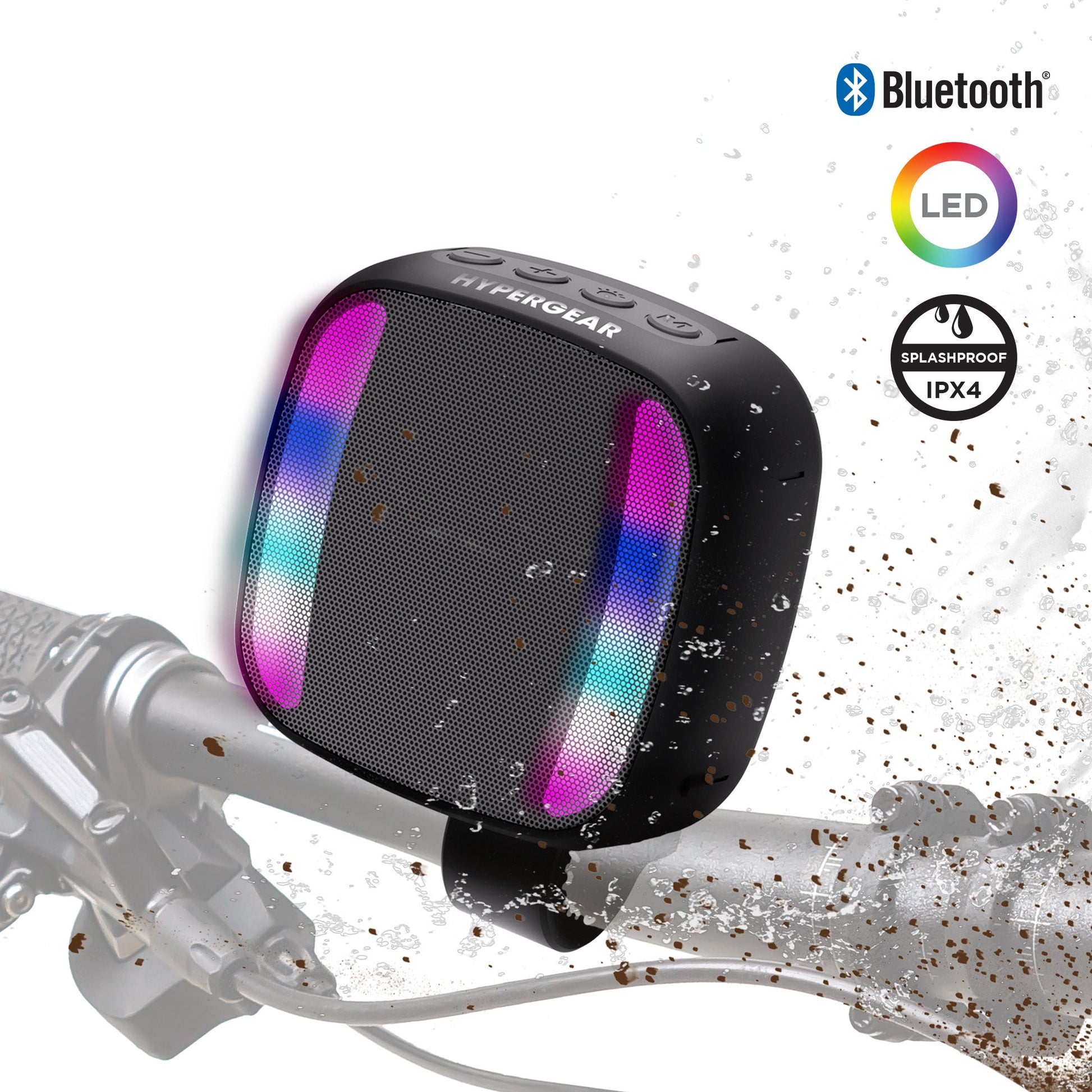 Enceinte Bluetooth LED Spin Cycle HyperGear fixée sur guidon de vélo – vue IPX4