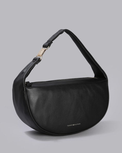 Tommy Hilfiger – Sac Hobo Demi-Lune en Cuir Grainé Noir