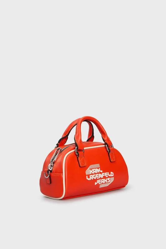 Mini sac bowling Karl Lagerfeld Jeans rouge et blanc, vue de trois quarts