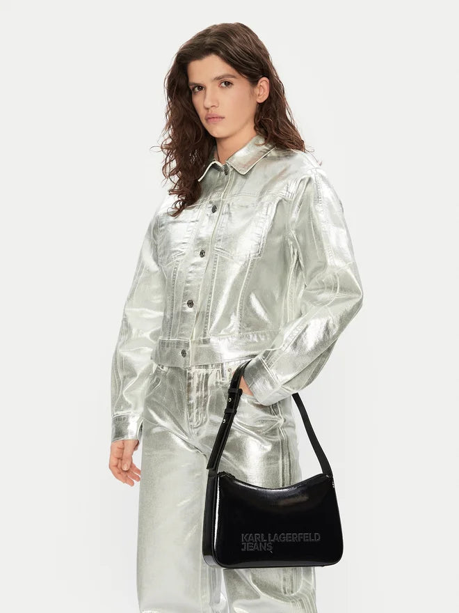 Karl Lagerfeld Jeans – Sac Shoulder Verni Noir Logo Embossé Femme