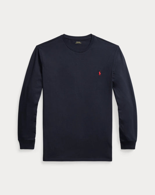 T-shirt manches longues Polo Ralph Lauren noir avec logo poney brodé rouge, vue de face